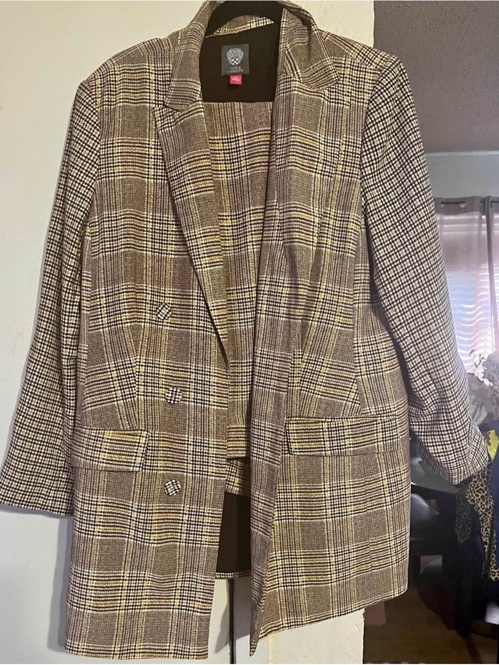 Vince Camuto Woman Within Brown Plaid Blazer and pants Set with Yellow Accent